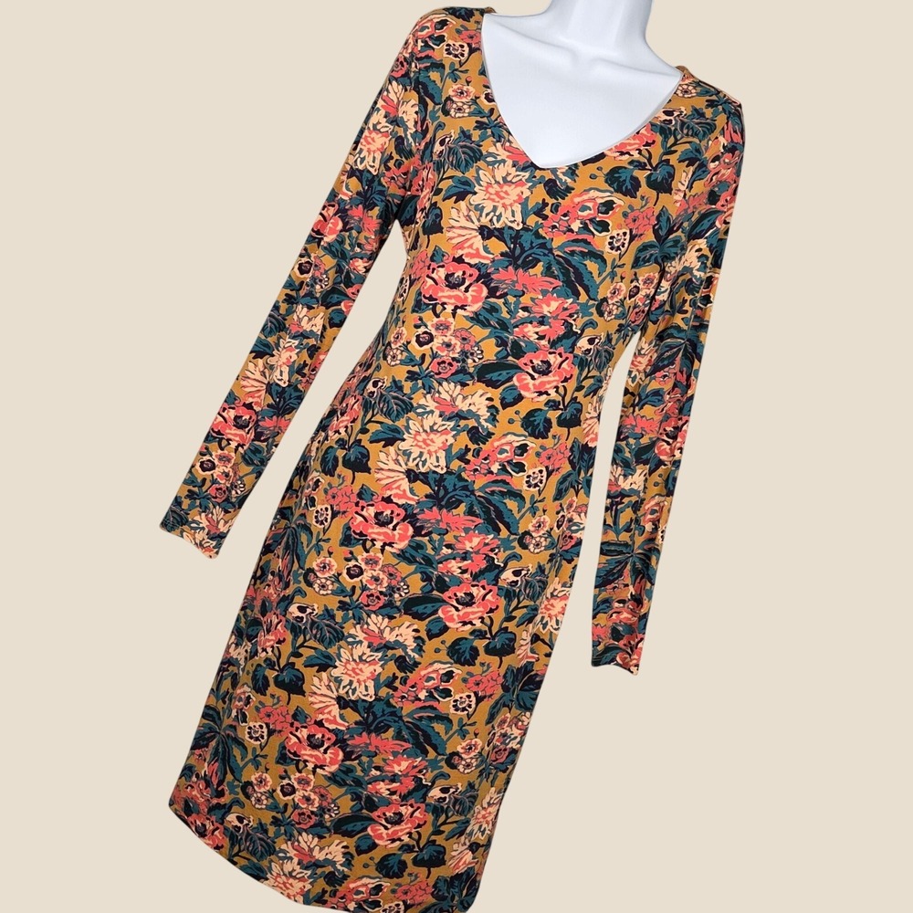 Peruvian Connection Women Small Sienna Sheath Knee Jersey Dress Long Sleeve